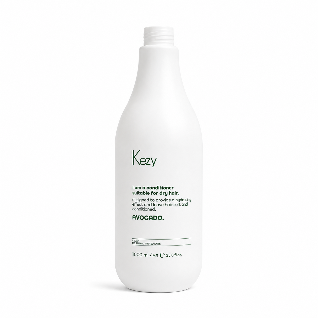 Kezy Avocado Conditioner 1000ml – professional hydrating conditioner for dry hair with avocado extract, vegan formula, salon-quality hair care product on a white background.