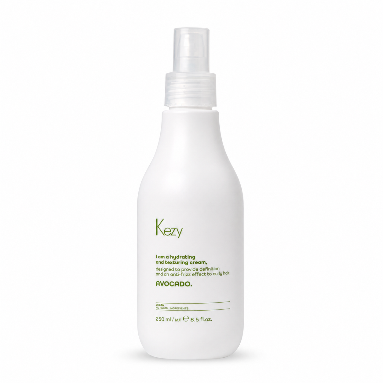 Kezy Avocado Hydrating And Texturising Cream 250ml - a professional styling cream for curl definition, hydration and softness. white bottle with pump against a white background