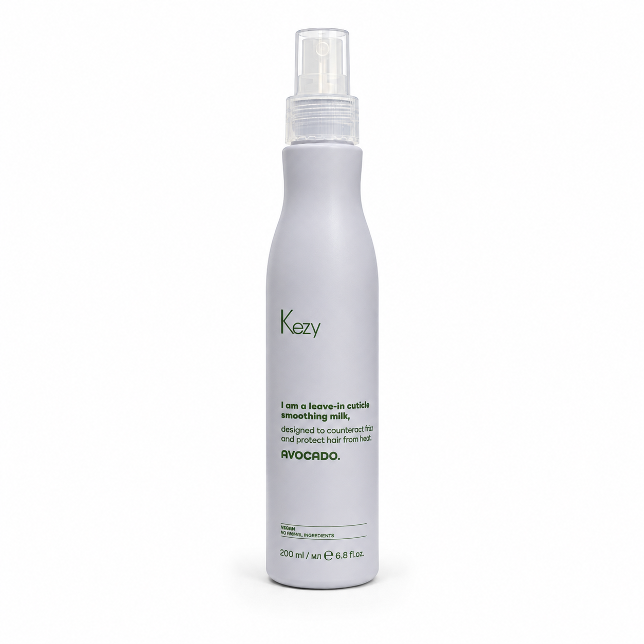 Kezy Avocado Leave-In Cuticle Smoothing Milk 200ml for dry and frizzy hair with heat protection, professional vegan leave-in hair treatment in spray bottle.