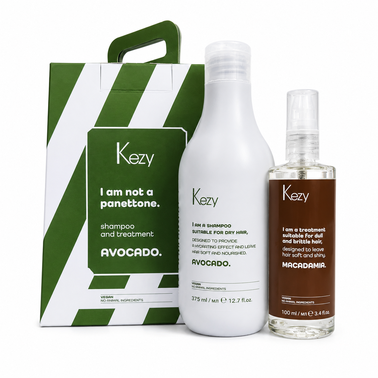 Kezy Avocado Shampoo And Treatment Set including hydrating shampoo 375ml, macadamia leave-in treatment 100ml and premium gift box for dry and dehydrated hair.