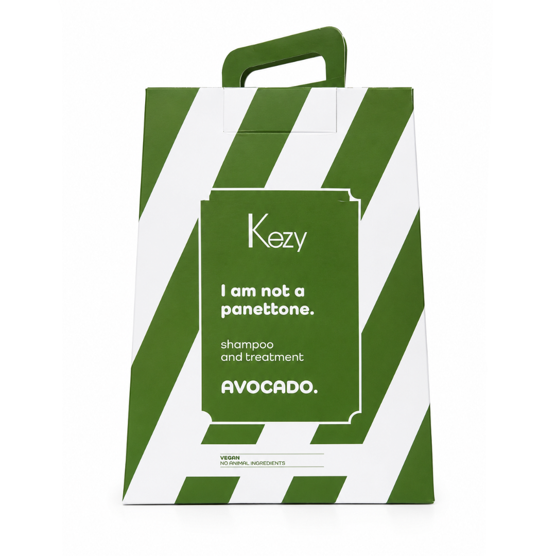 Kezy Avocado Shampoo And Treatment Set box with premium green and white striped packaging for dry, dehydrated and nourished hair care.