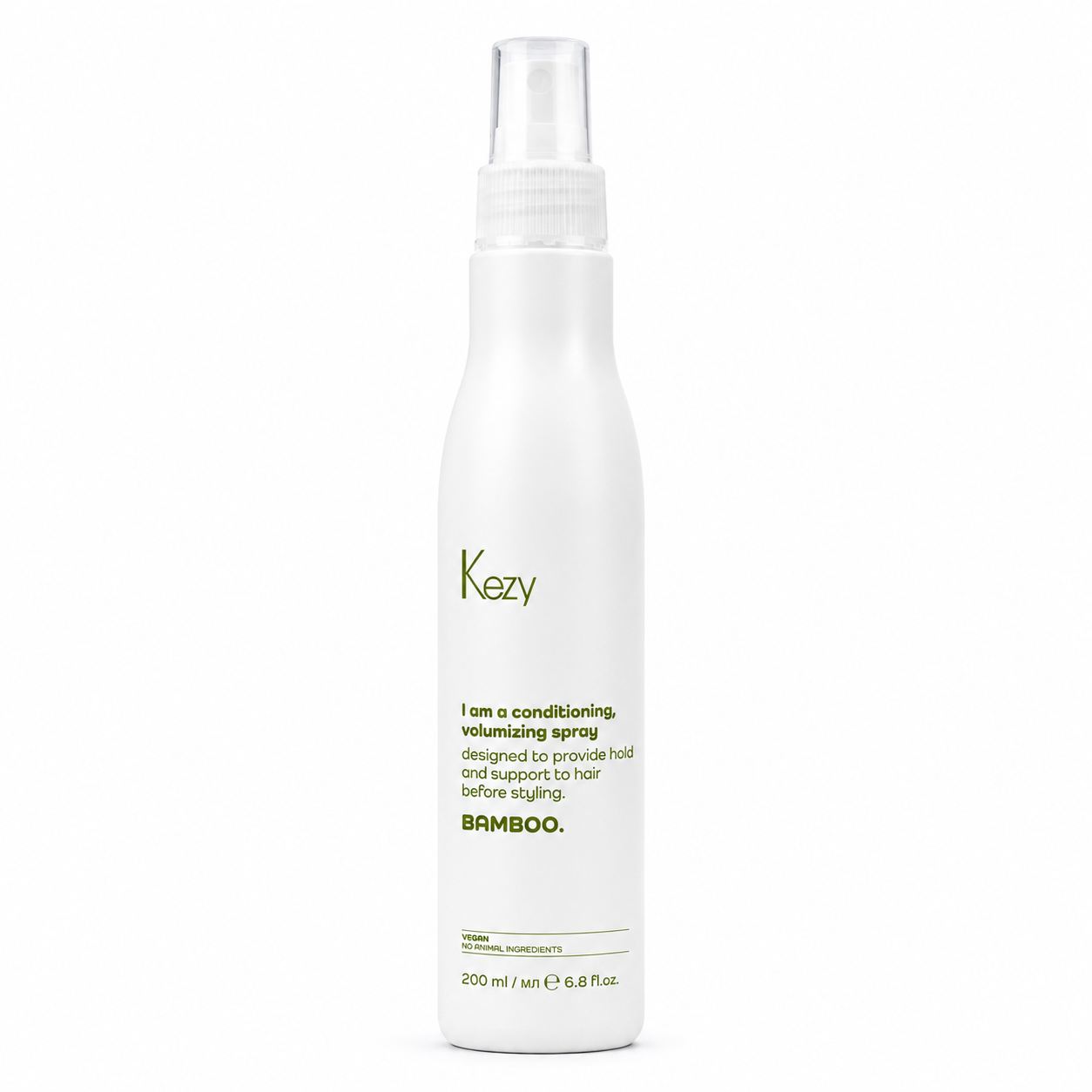 Kezy Bamboo Conditioning Volumizing Spray 200ml for fine flat hair, professional vegan pre-styling volume spray providing lift, hold and long-lasting body.
