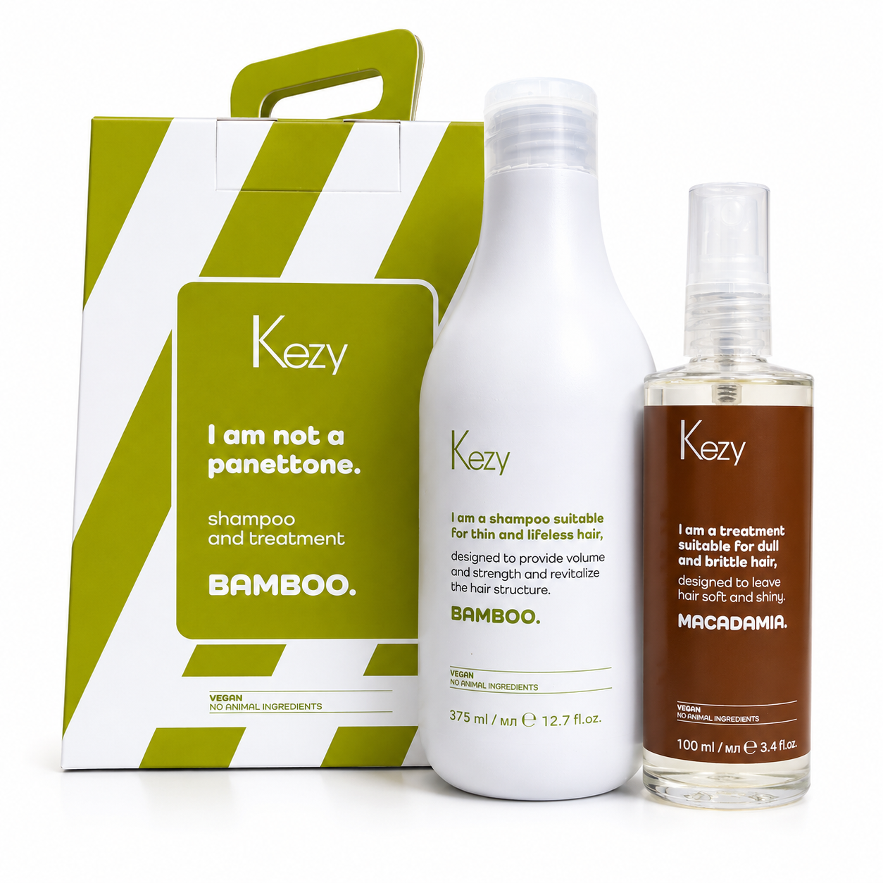 Kezy Bamboo Shampoo And Treatment Set including volumising shampoo 375ml, macadamia leave-in treatment 100ml and premium gift box for thin, fine and lifeless hair.
