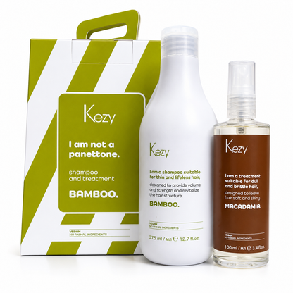 Kezy Bamboo Shampoo And Treatment Set including volumising shampoo 375ml, macadamia leave-in treatment 100ml and premium gift box for thin, fine and lifeless hair.