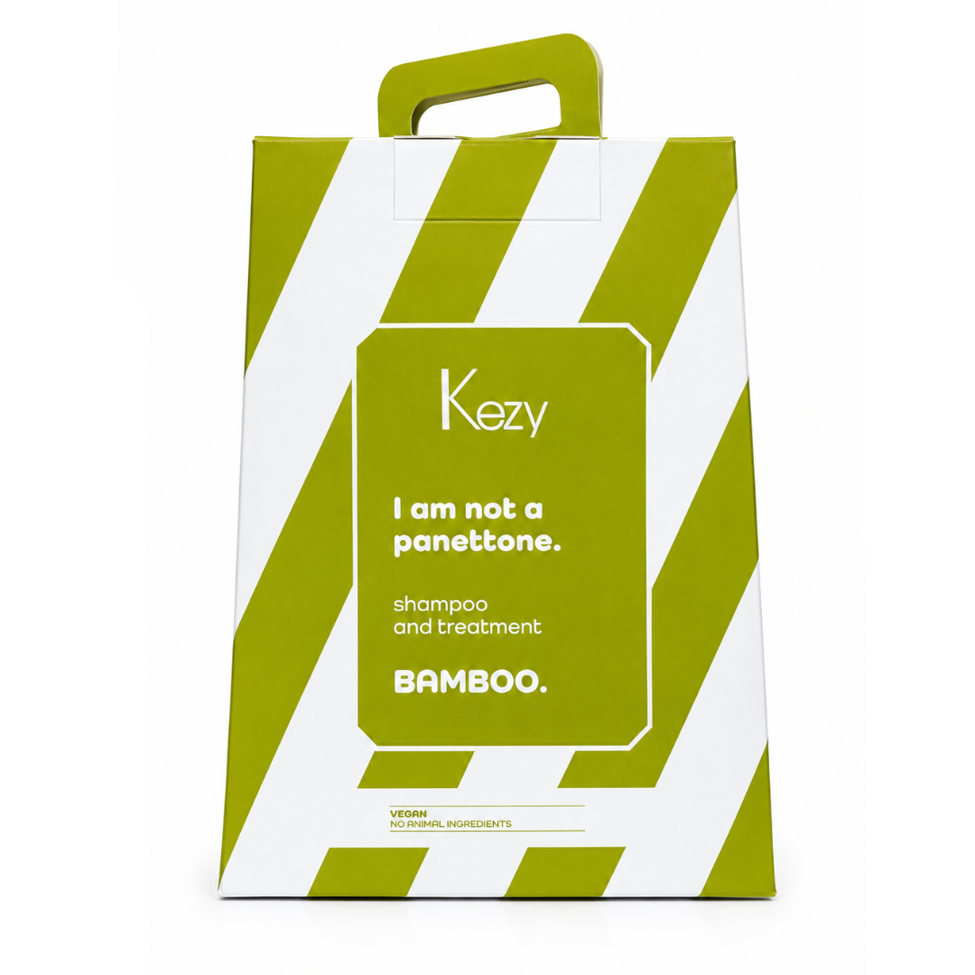 Kezy Bamboo Shampoo And Treatment Set box with premium green and white striped packaging for thin, fine and lifeless hair.