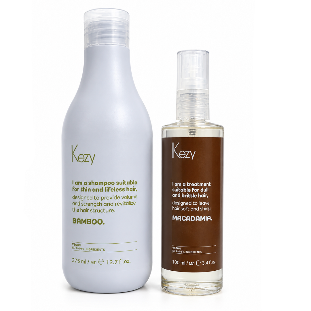Kezy Bamboo Shampoo And Treatment Set featuring a 375ml volumising shampoo and 100ml leave-in treatment for thin, fine and lifeless hair.