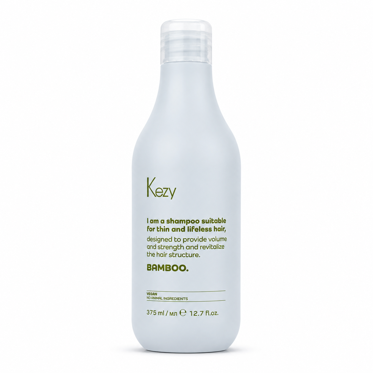 Kezy Bamboo Shampoo 375ml for thin and lifeless hair, professional vegan volumising shampoo with bamboo to strengthen, add body and revitalise fine hair.
