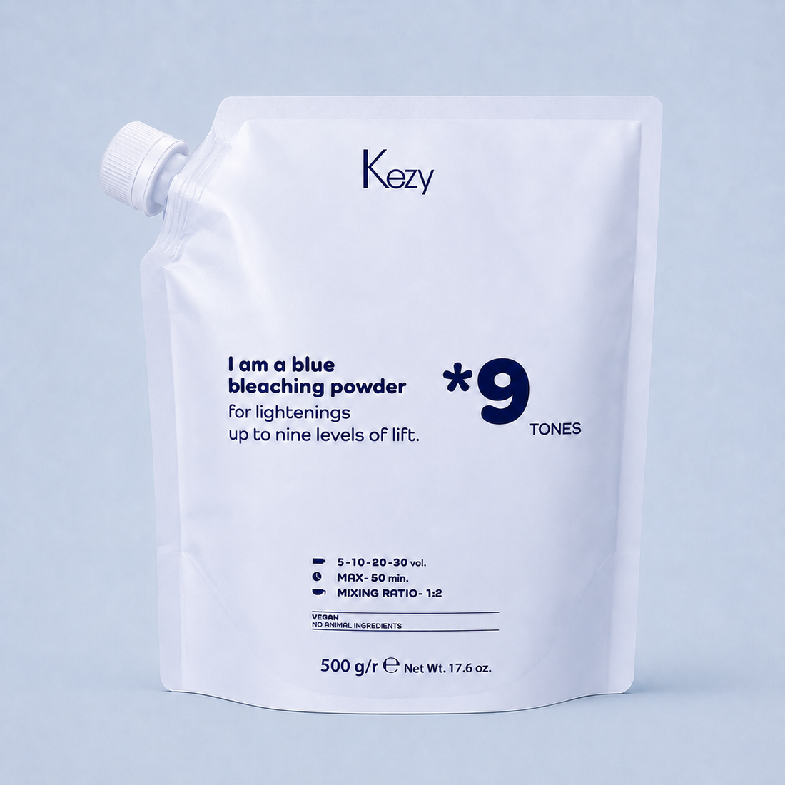Kezy Blue Bleaching Powder 9 Tones 500g on a light blue background