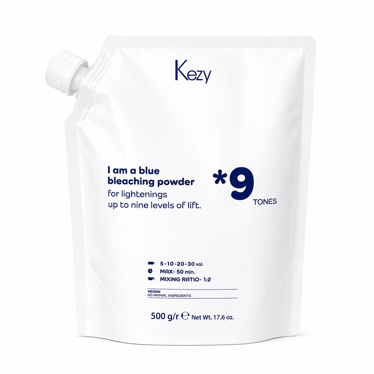 Kezy Blue Bleaching Powder 500g in a white refill pouch with a screw-cap spout, formulated to lift hair up to nine levels, displayed against a soft white background.