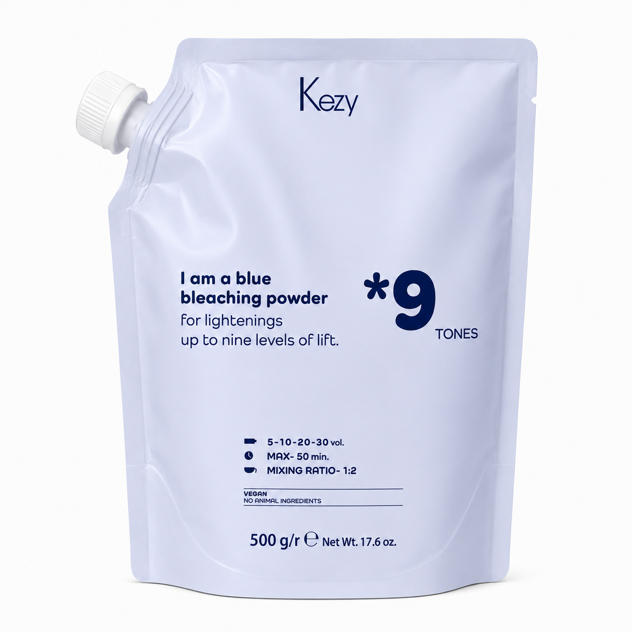 Kezy Blue Bleaching Powder 500g in a Light Blue refill pouch with a screw-cap spout, formulated to lift hair up to nine levels, displayed against a soft white background.