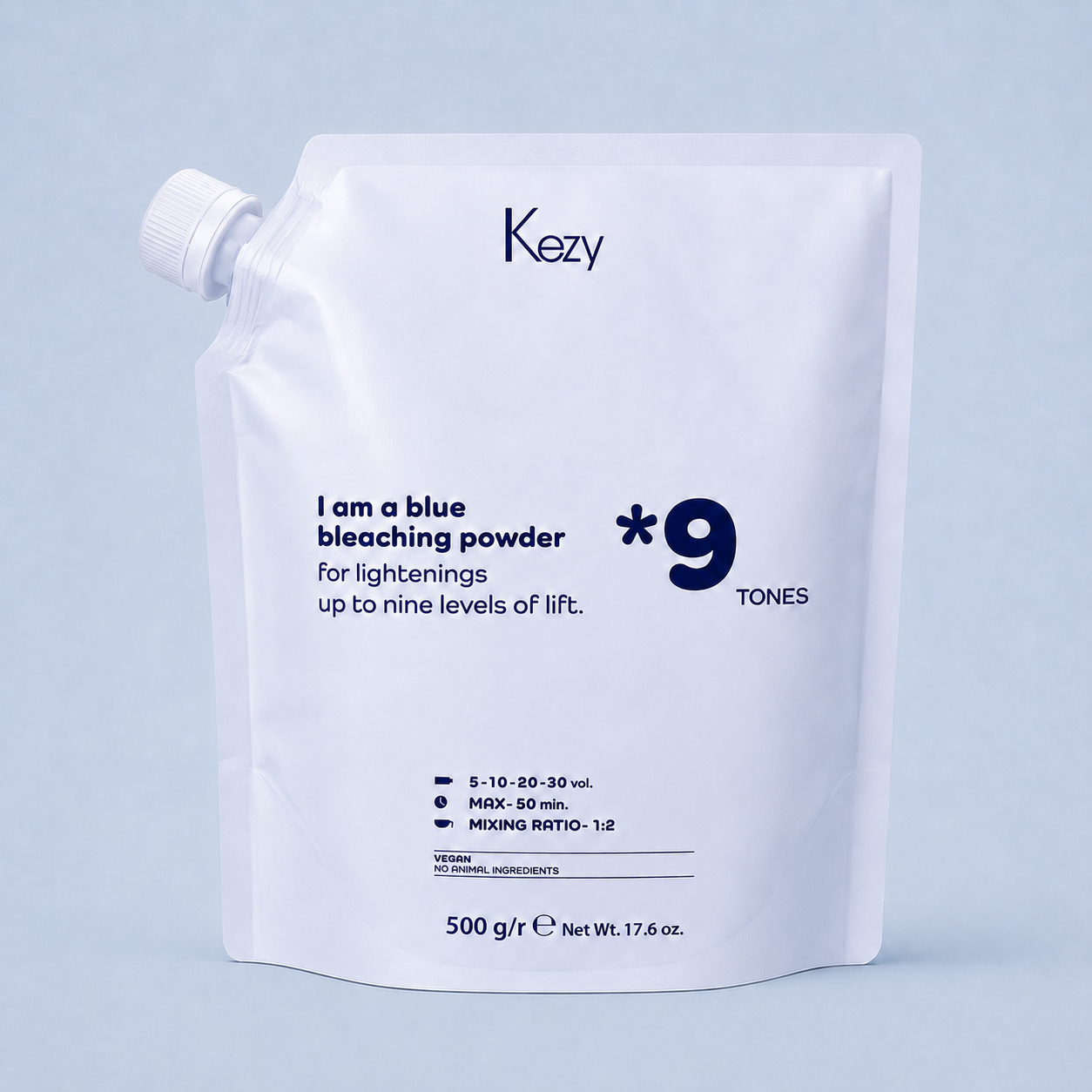 Kezy Blue Bleaching Powder 9 Tones 500g on a light blue background