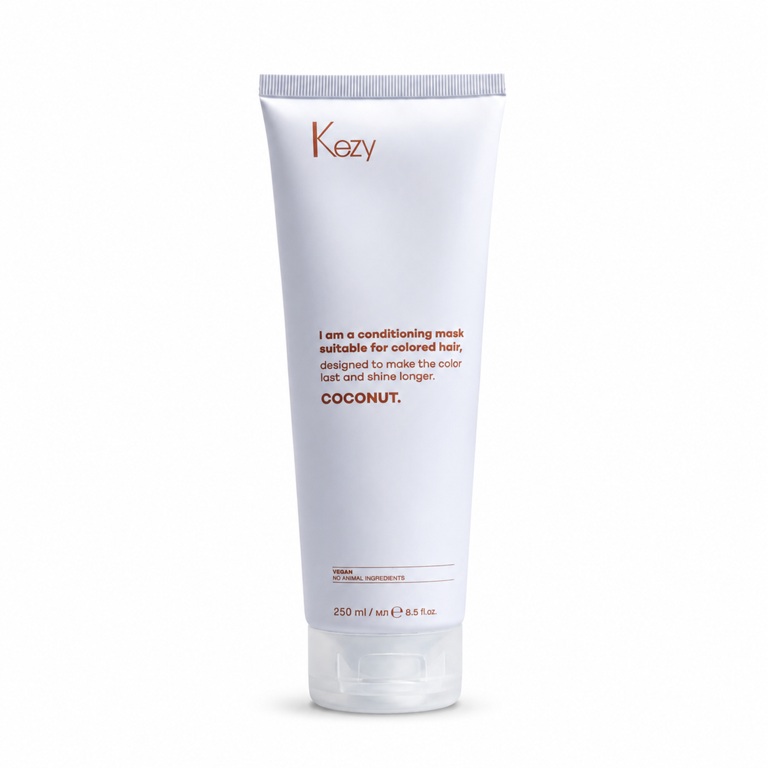 Kezy Coconut Conditioning Mask 250ml for coloured hair, makes colour last longer and ensures a shiny look light blue tube against a white background.