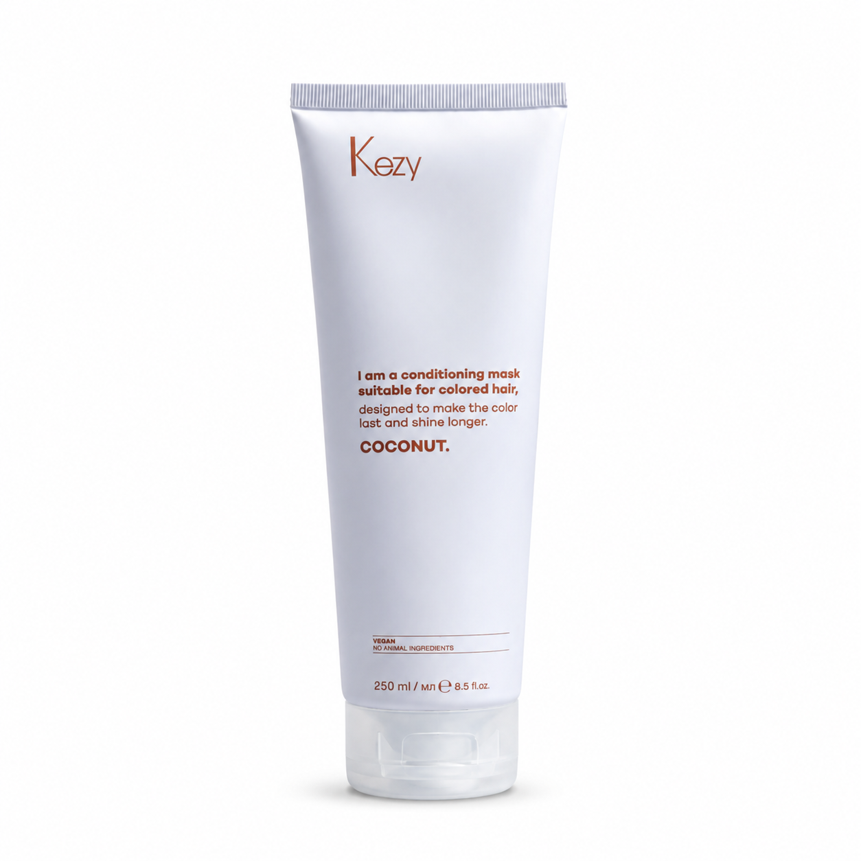 Kezy Coconut Conditioning Mask 250ml for coloured hair, makes colour last longer and ensures a shiny look light blue tube against a white background.