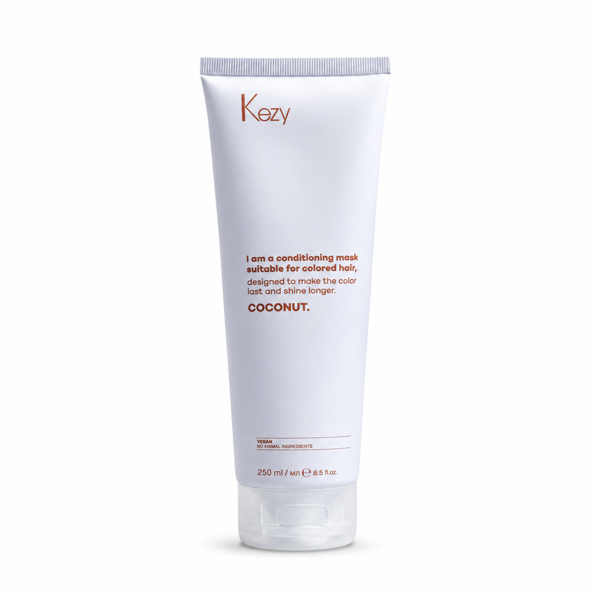 Kezy Coconut Conditioning Mask 250ml for coloured hair, makes colour last longer and ensures a shiny look light blue tube against a white background.