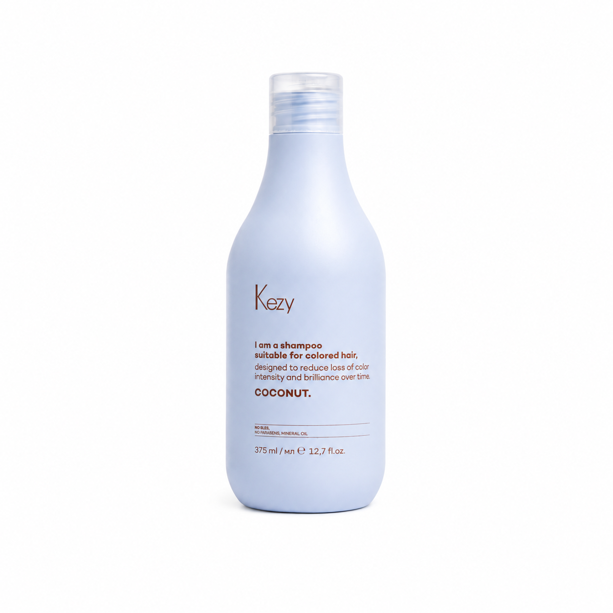 Kezy Coconut Shampoo 375ml – professional colour-protecting shampoo for coloured hair, enriched with coconut, vegan formula, white bottle on white background.