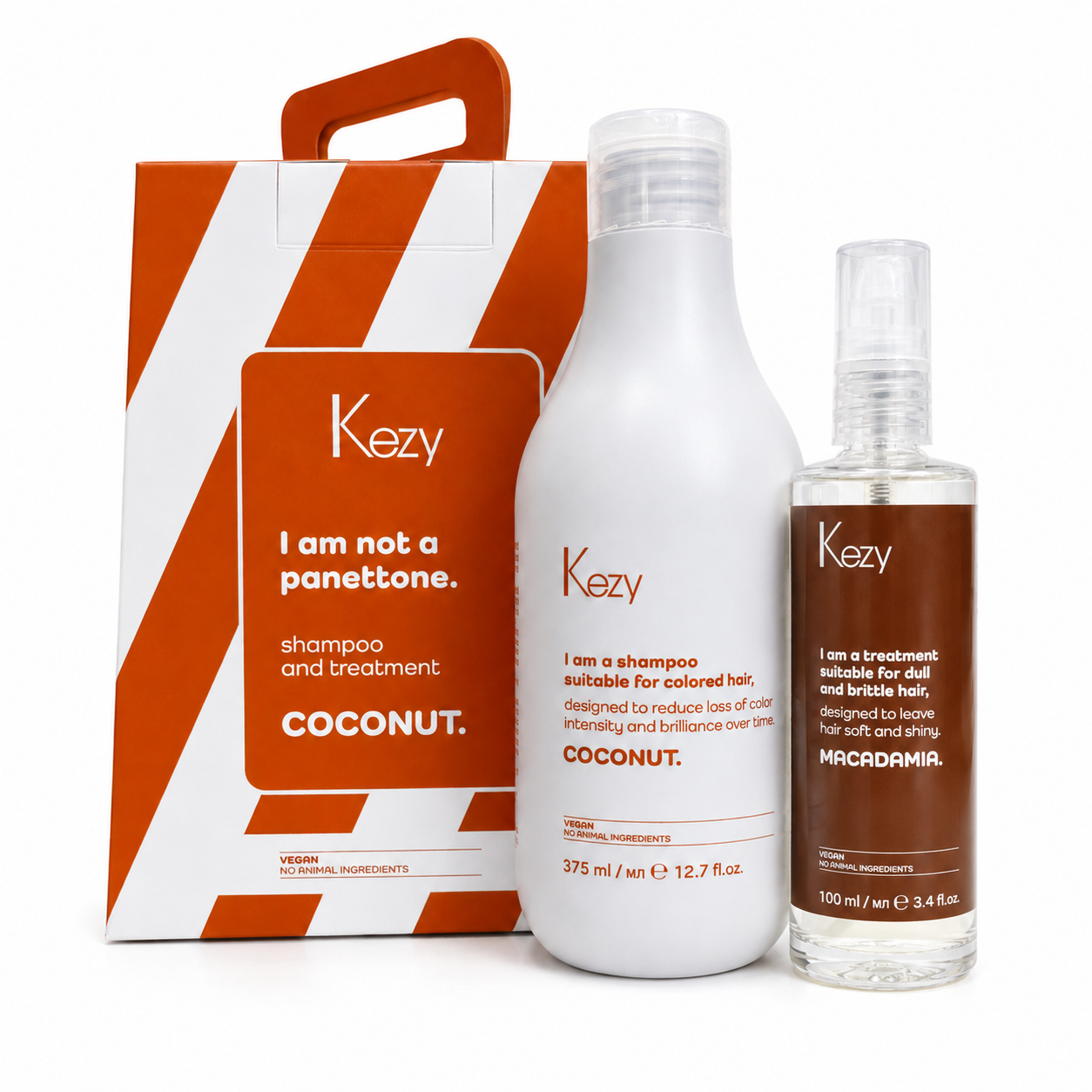 Kezy Coconut Shampoo And Treatment Set including colour protection shampoo 375ml, macadamia leave-in treatment 100ml and premium gift box for coloured and colour-treated hair.