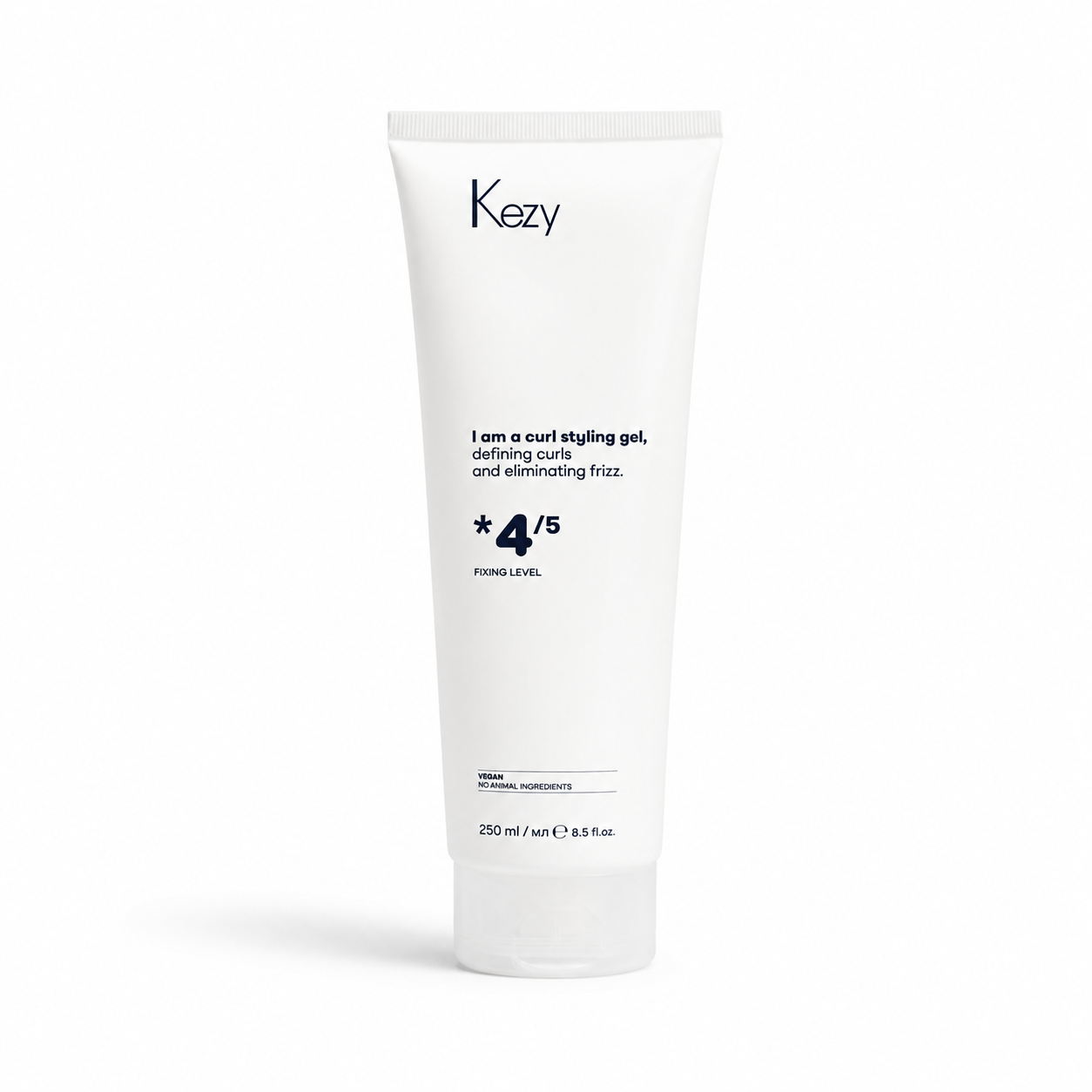 Kezy Curl Styling Gel 250ml in a white squeeze tube with 4/5 fixing level, isolated on a white background with a soft shadow, high-resolution e-commerce product image.