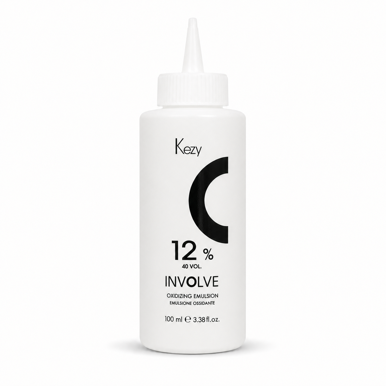 Kezy Involve Oxidizing Emulsion 100ml 12% 40 Vol in a white applicator bottle with a precision nozzle, displayed on a clean white background. Professional cream developer for high-lift hair colouring and bleaching services.