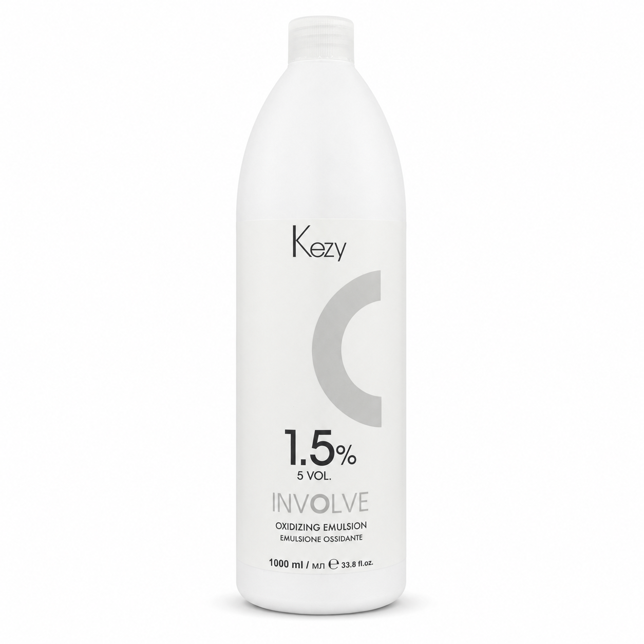 Kezy Involve Oxidizing Emulsion 1000ml 1.5% 5 Vol. in a white professional bottle with a screw cap, displayed on a clean white background. Cream developer for gentle toning, glossing and demi-permanent hair colour services.