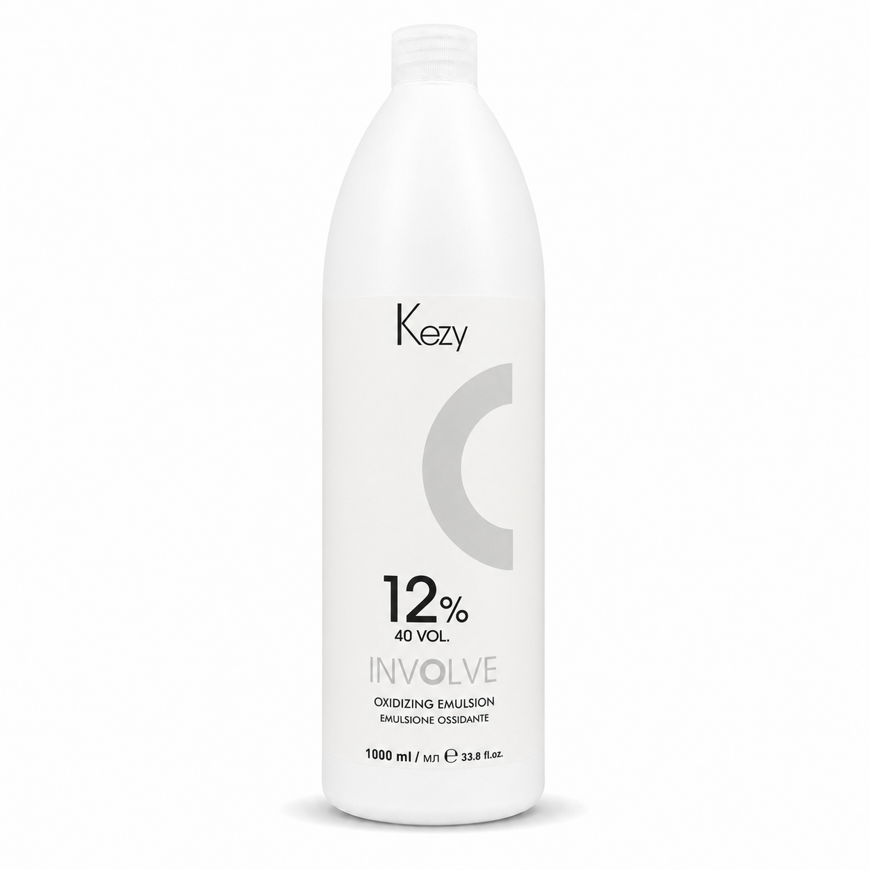 Kezy Involve Oxidizing Emulsion 1000ml 12% 40 Vol. in a white professional bottle with a screw cap, displayed on a clean white background. Cream developer for high-lift hair colouring and bleaching services.