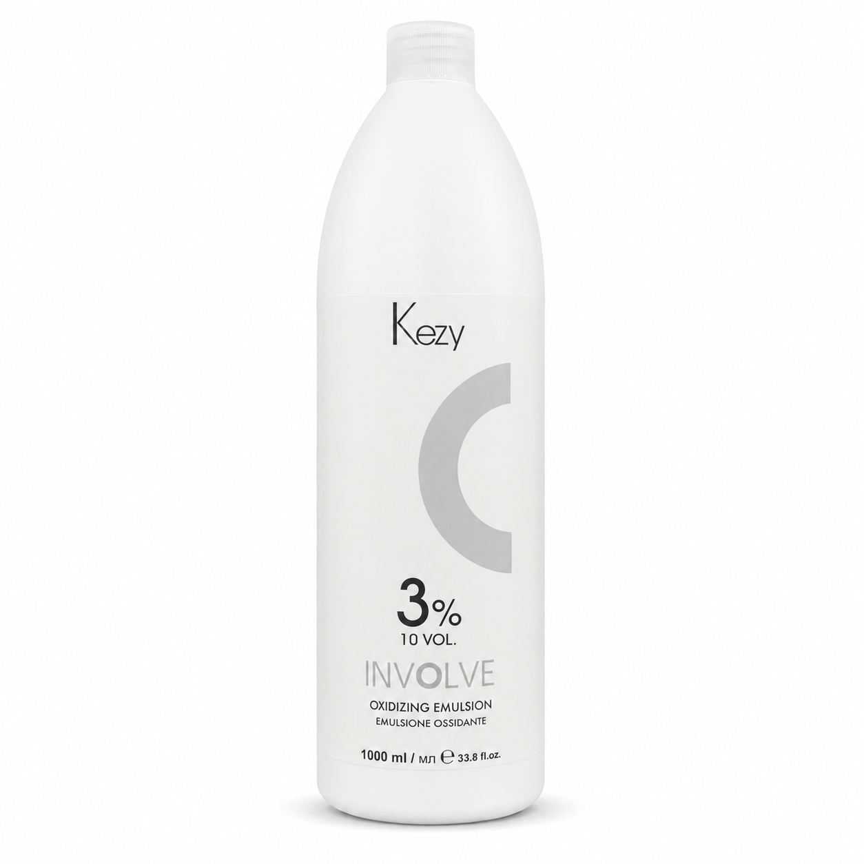 Kezy Involve Oxidizing Emulsion 1000ml 3% 10 Vol. in a white professional bottle with a screw cap, displayed on a clean white background. Cream developer for toning, colour refresh and low-lift hair colour applications.