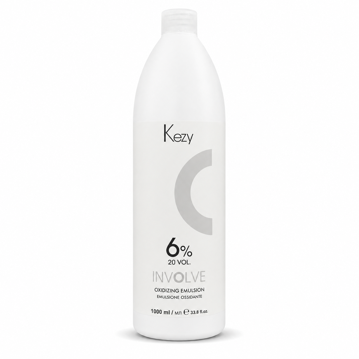 Kezy Involve Oxidizing Emulsion 1000ml 6% 20 Vol. in a white professional bottle with a screw cap, displayed on a clean white background. Cream developer for permanent hair colouring and grey coverage.

