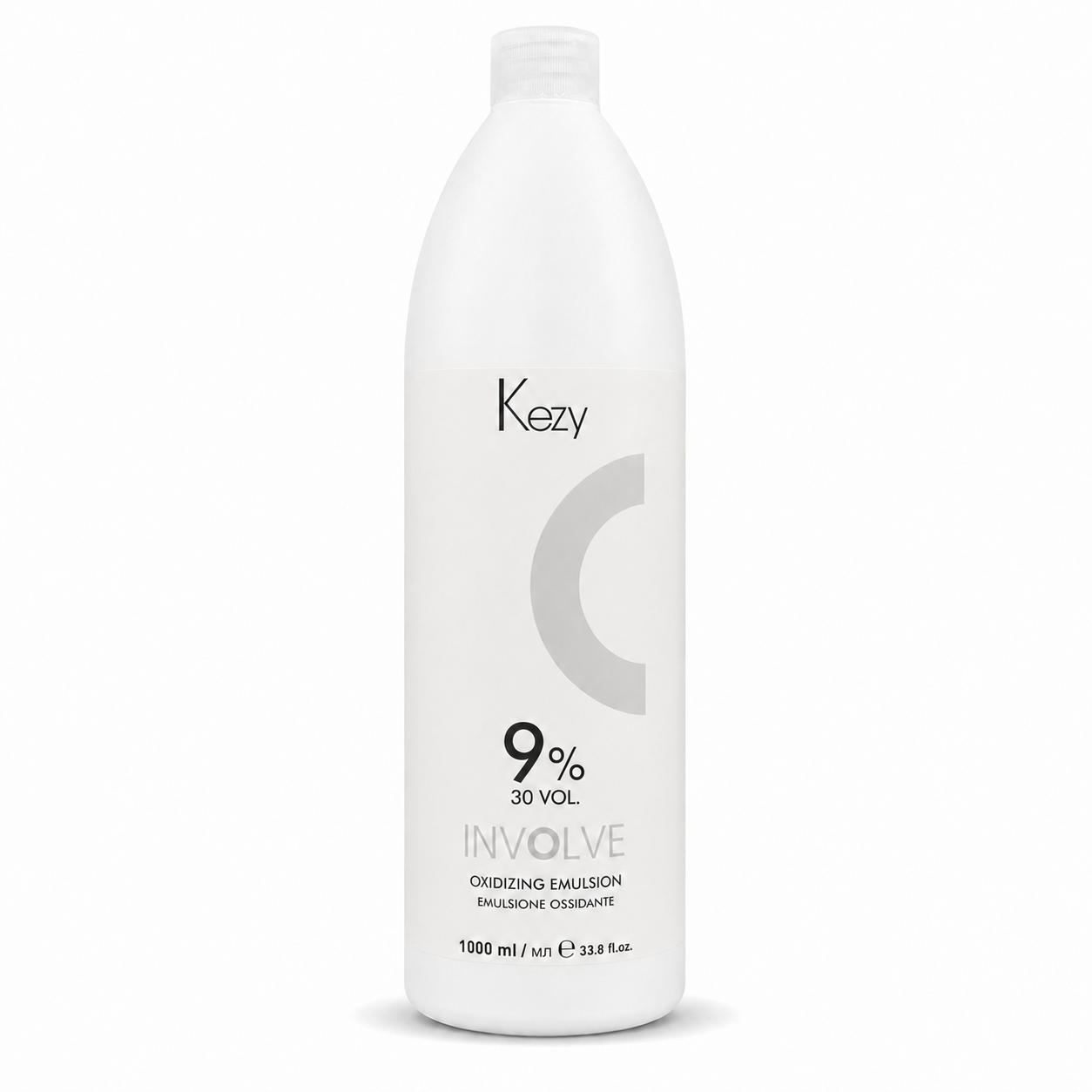 Kezy Involve Oxidizing Emulsion 1000ml 9% 30 Vol. in a white professional bottle with a screw cap, displayed on a clean white background. Cream developer for permanent hair colouring and lightening services.