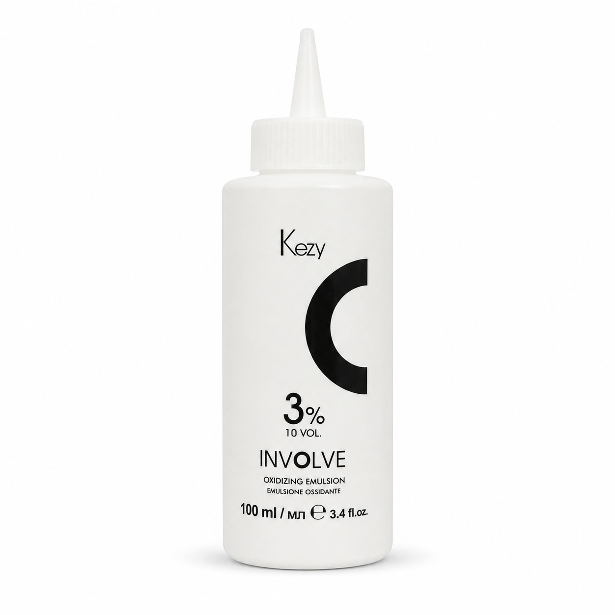 Kezy Involve Oxidizing Emulsion 100ml 3% 10Vol in a white applicator bottle with a precision nozzle, displayed on a clean white background. Professional cream developer for toning, colour refresh and low-lift hair colour applications.