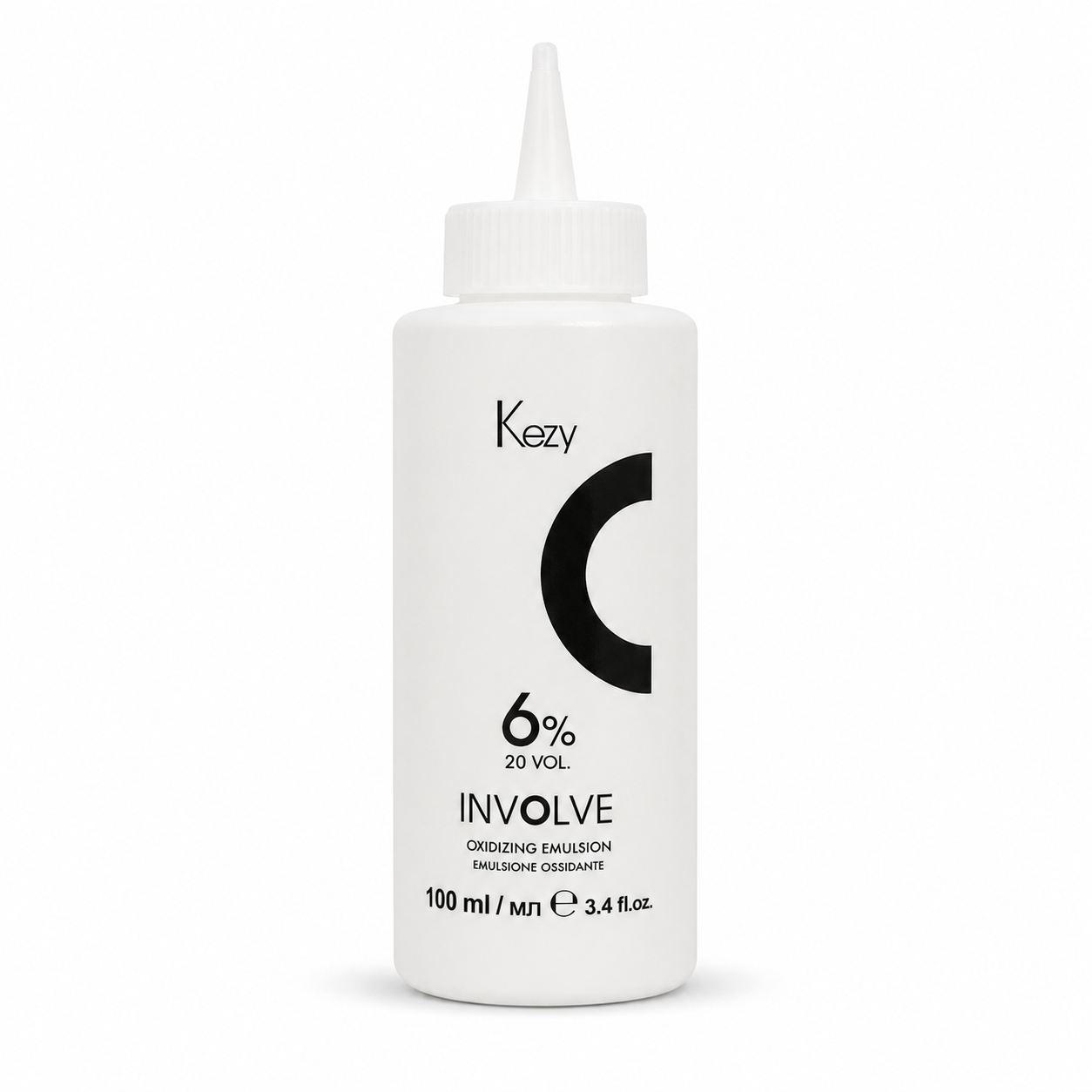 Kezy Involve Oxidizing Emulsion 100ml 6% 20Vol in a white applicator bottle with a precision nozzle, displayed on a clean white background. Professional cream developer for permanent hair colouring and grey coverage.