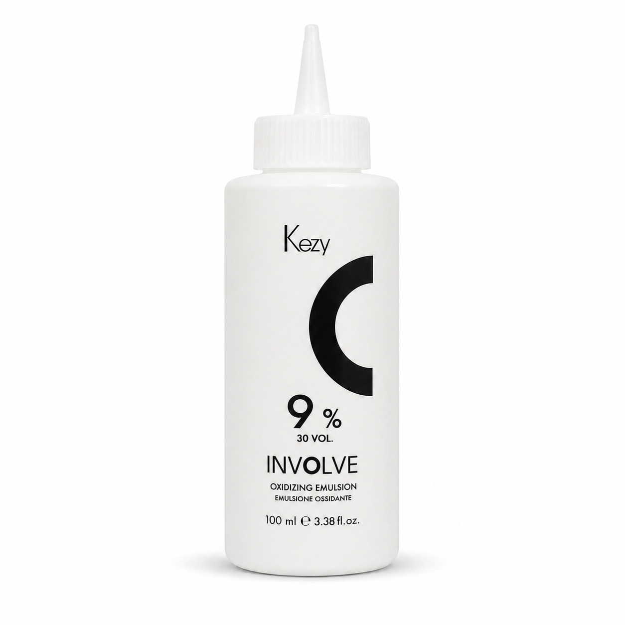 Kezy Involve Oxidizing Emulsion 100ml 9% 30Vol in a white applicator bottle with a precision nozzle, displayed on a clean white background. Professional cream developer for permanent hair colour and lightening treatments.