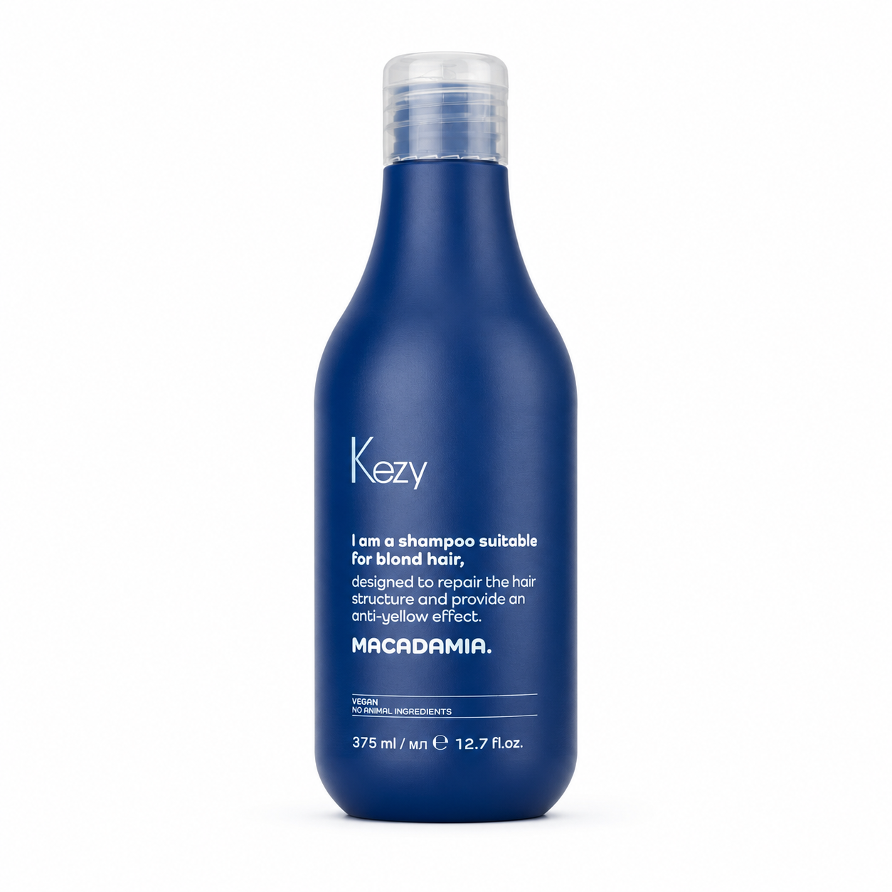 Kezy Macadamia Anti-Yellow Shampoo 375ml for blonde, grey and highlighted hair, professional vegan purple shampoo to neutralise yellow tones while repairing and nourishing damaged hair.
