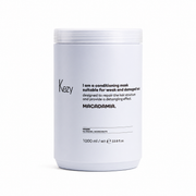 Kezy Macadamia Conditioning Mask 1000ml for weak and damaged hair, professional vegan hair treatment mask designed to repair hair structure, improve manageability, and provide a detangling effect, light blue jar on a white background.
