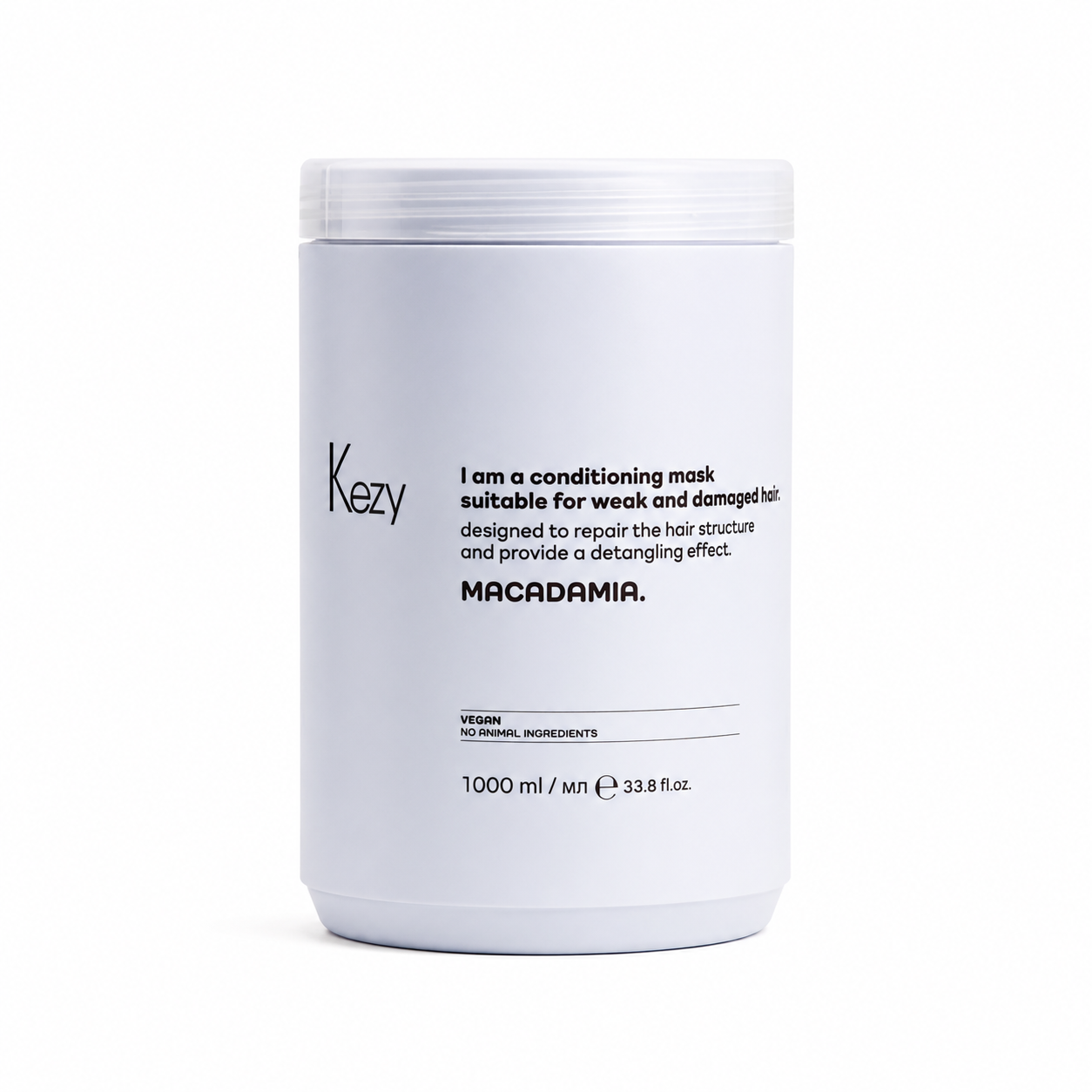 Kezy Macadamia Conditioning Mask 1000ml for weak and damaged hair, professional vegan hair treatment mask designed to repair hair structure, improve manageability, and provide a detangling effect, light blue jar on a white background.