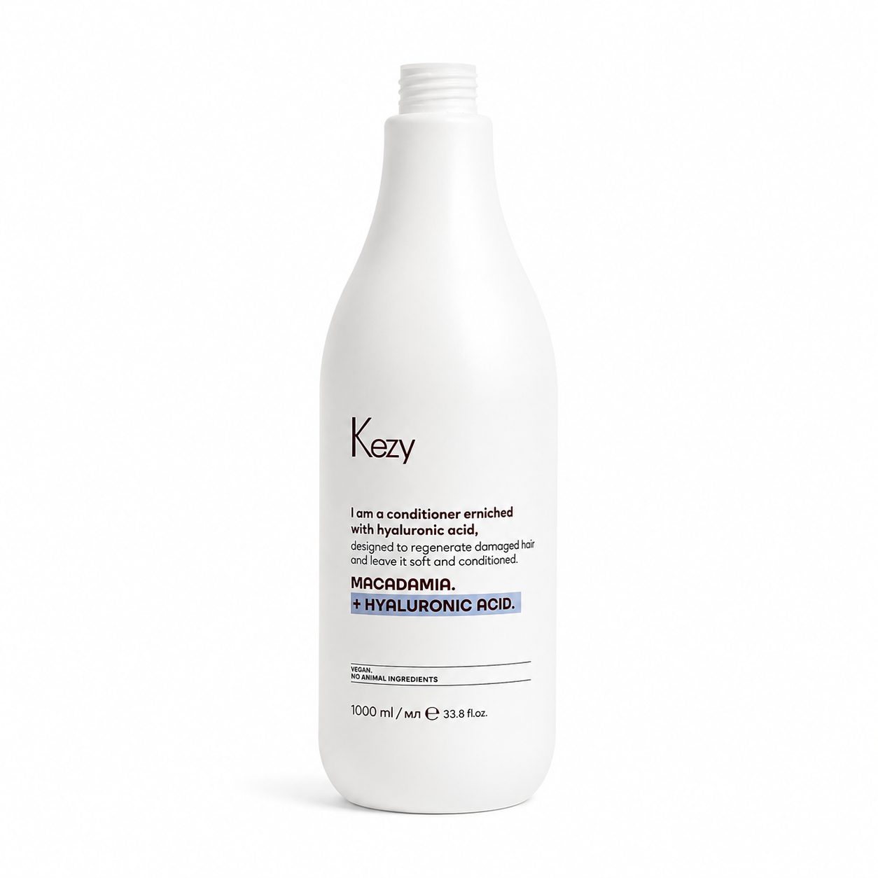 Kezy Macadamia + Hyaluronic Acid Conditioner 1000ml for damaged hair, professional vegan conditioner formulated to repair, regenerate, and deeply hydrate hair, salon-size bottle on a white background.