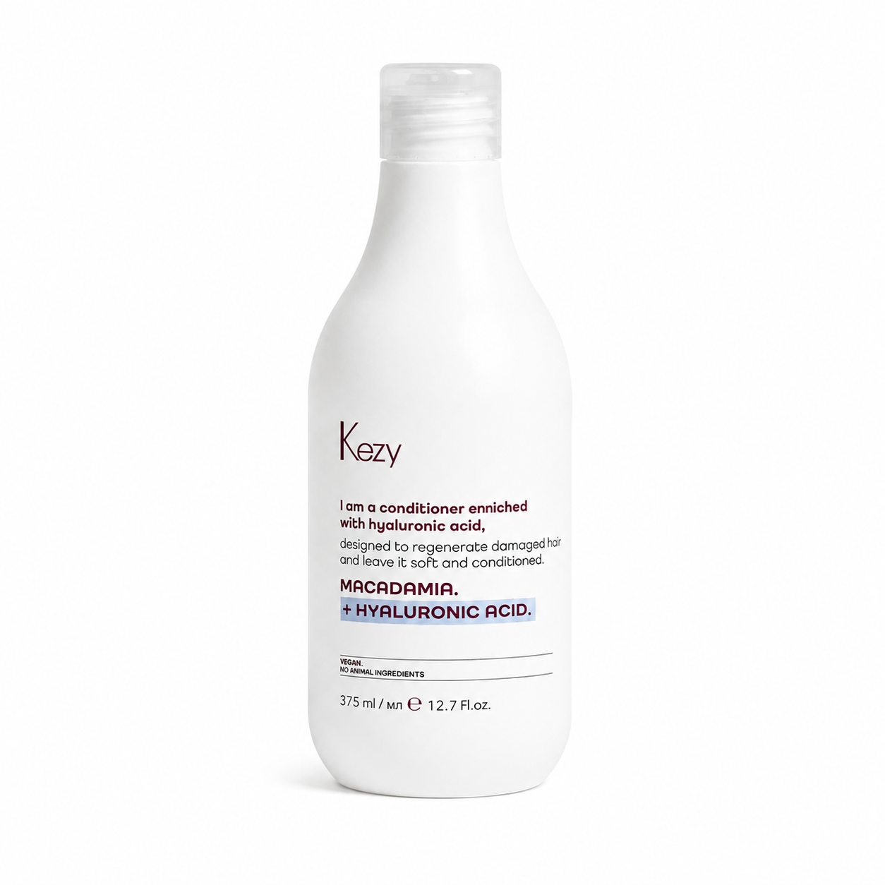 Kezy Macadamia + Hyaluronic Acid Conditioner 375ml for damaged hair, professional vegan conditioner formulated to repair, regenerate, and deeply hydrate hair, white bottle on a white background.