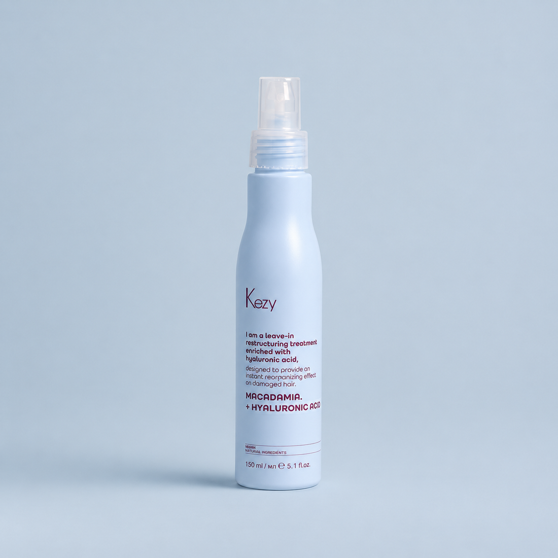 Kezy Macadamia + Hyaluronic Acid Leave-In Restructuring Treatment 150ml on a light blue background