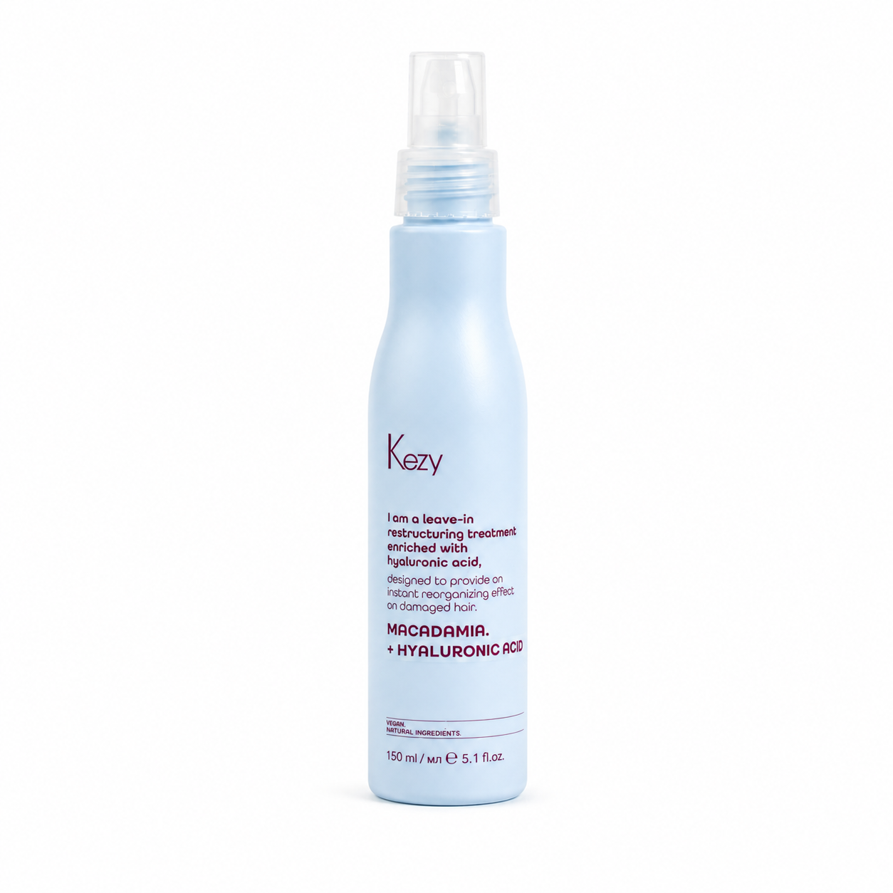 Kezy Macadamia and Hyaluronic Acid Leave-In Restructuring Treatment 150ml in a white spray bottle with a transparent pump, designed to help repair and reorganize damaged hair.