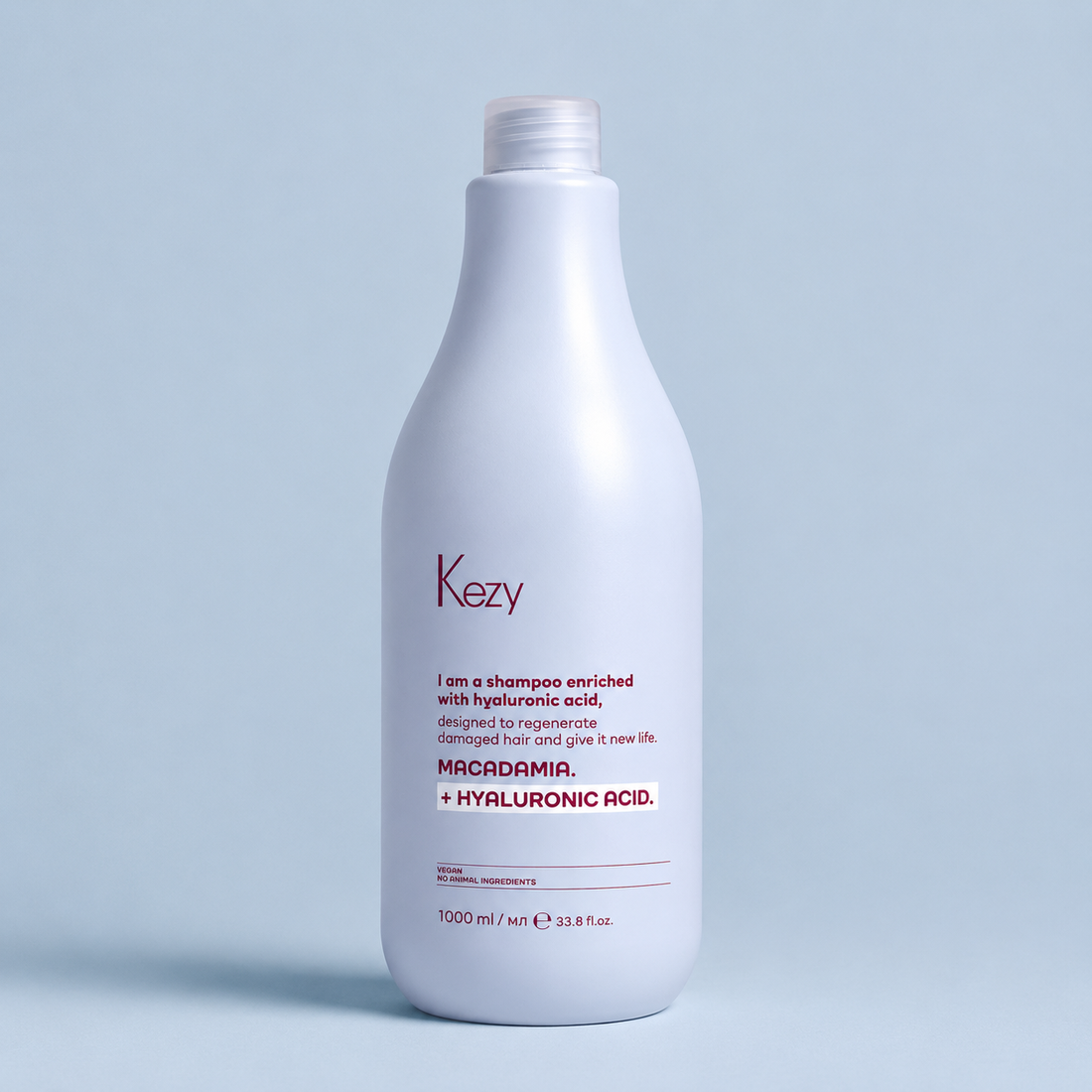 Kezy Macadamia + Hyaluronic Acid Shampoo 1000ml on a light blue background