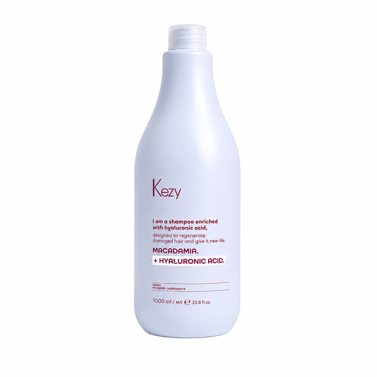 Kezy Macadamia Hyaluronic Acid Shampoo 1000ml – professional repairing shampoo for damaged hair, enriched with hyaluronic acid and macadamia to restore moisture, strength, and shine.