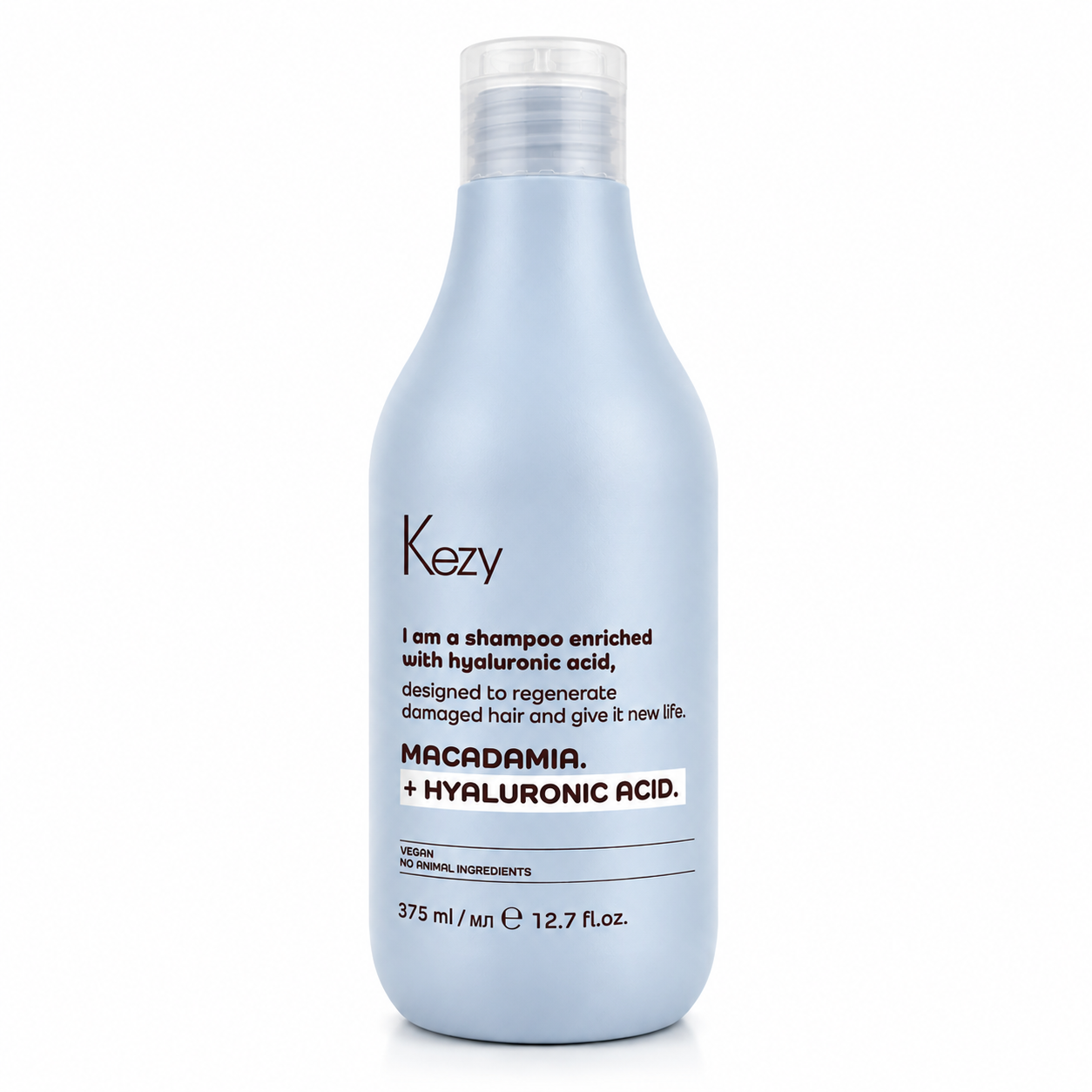 Kezy Macadamia Hyaluronic Acid Shampoo 375ml – professional repairing shampoo for damaged hair, enriched with hyaluronic acid and macadamia to restore moisture, strength, and shine.