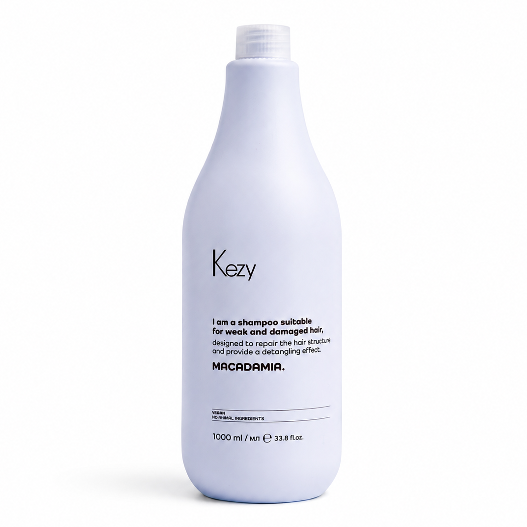 Kezy Macadamia Shampoo 1000ml – professional vegan shampoo for weak, dry, and damaged hair, salon-size bottle on white background.