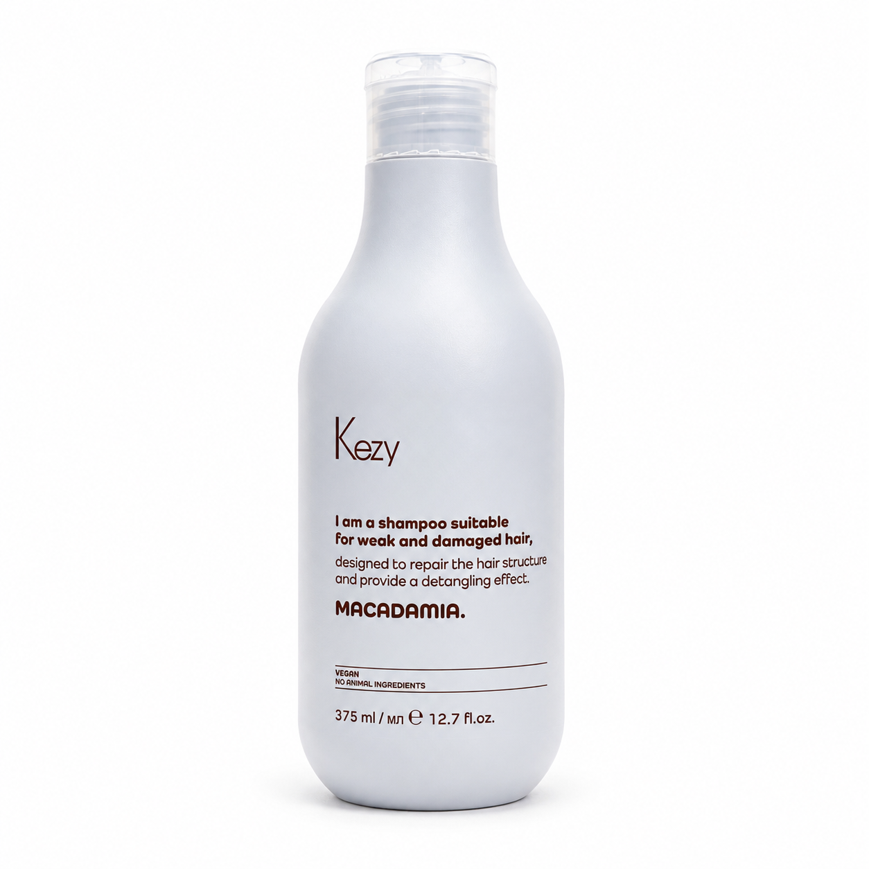 Kezy Macadamia Shampoo 375ml for weak and damaged hair, professional vegan repairing shampoo with macadamia to strengthen, detangle and restore healthy hair.
