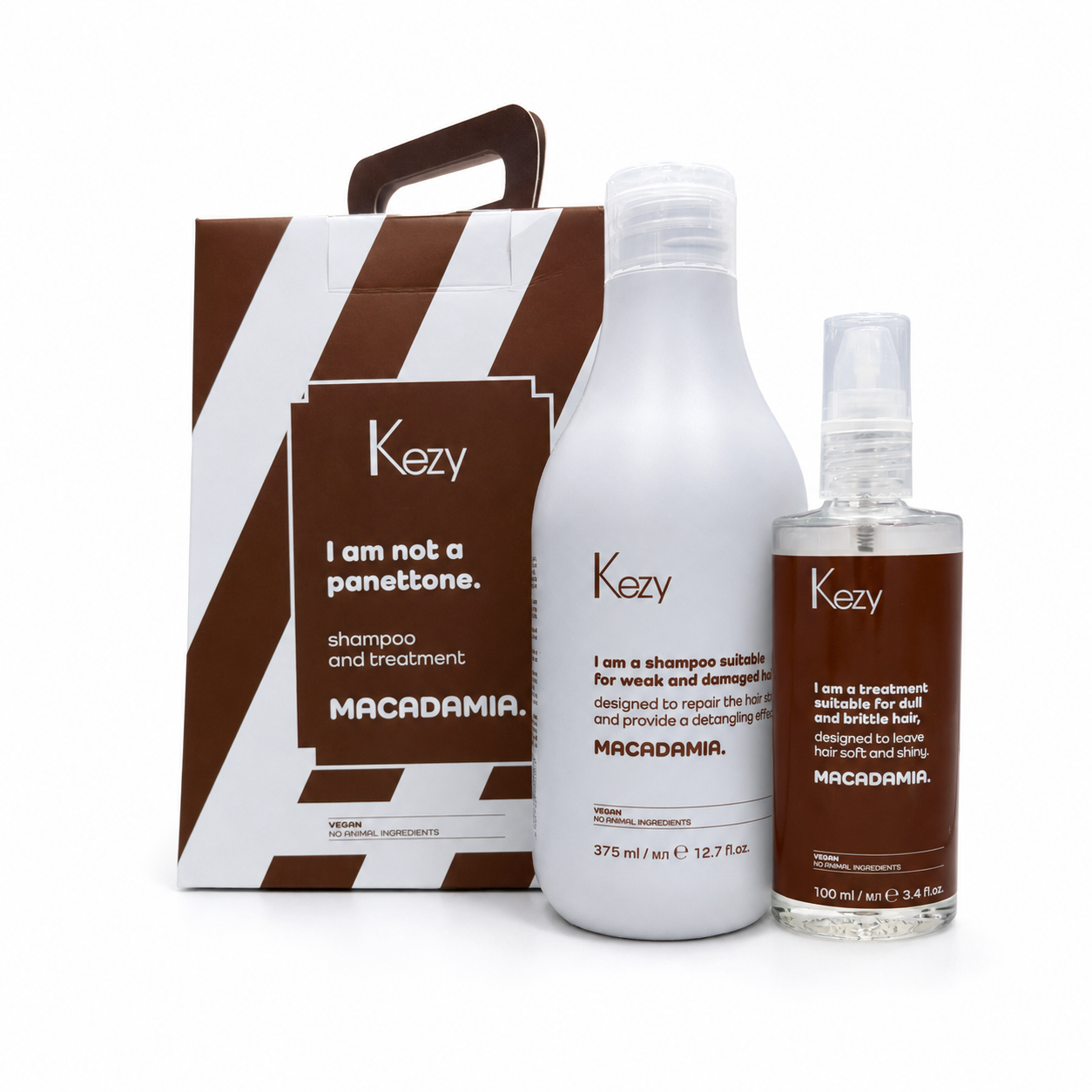 Kezy Macadamia Shampoo And Treatment Set including repair shampoo, leave-in treatment and premium gift box for dry, damaged and brittle hair.