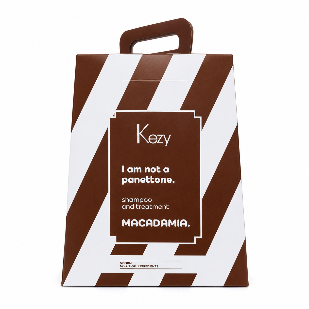 Kezy Macadamia Shampoo And Treatment Set gift box with premium brown and white striped packaging for damaged, dry and brittle hair care.