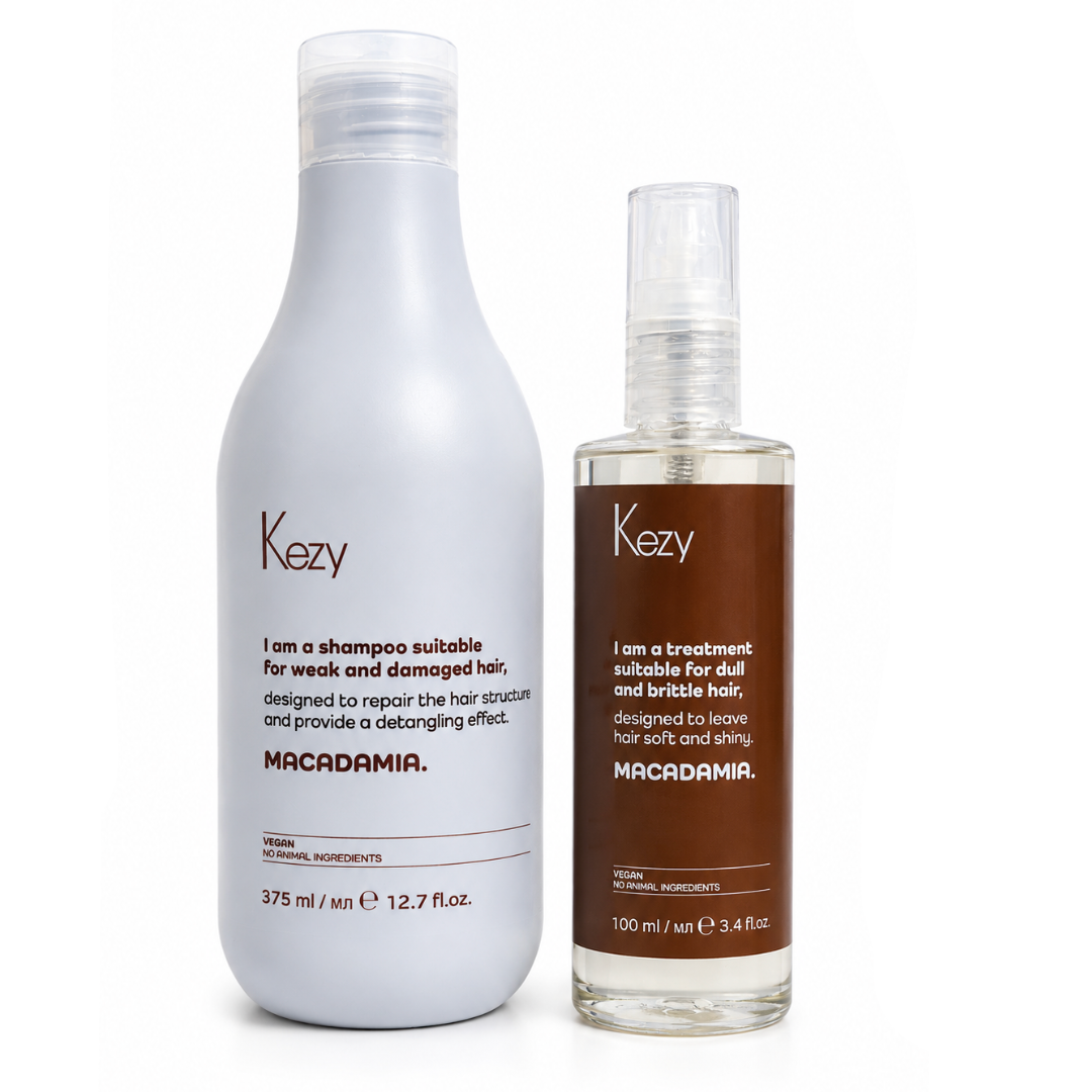 Kezy Macadamia Shampoo And Treatment Set featuring a 375ml repair shampoo and 100ml leave-in treatment for weak, dry and damaged hair.