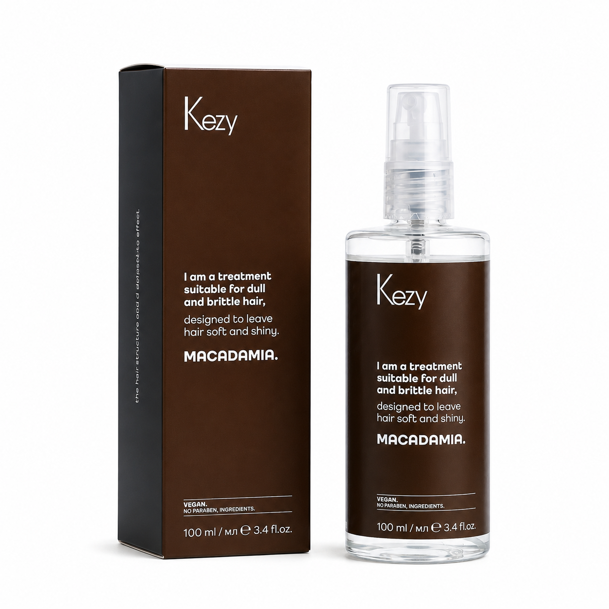 Kezy Macadamia Treatment Oil 100ml hair care treatment displayed alongside its matching retail box, featuring a brown and black design with macadamia-inspired branding for dull and brittle hair.