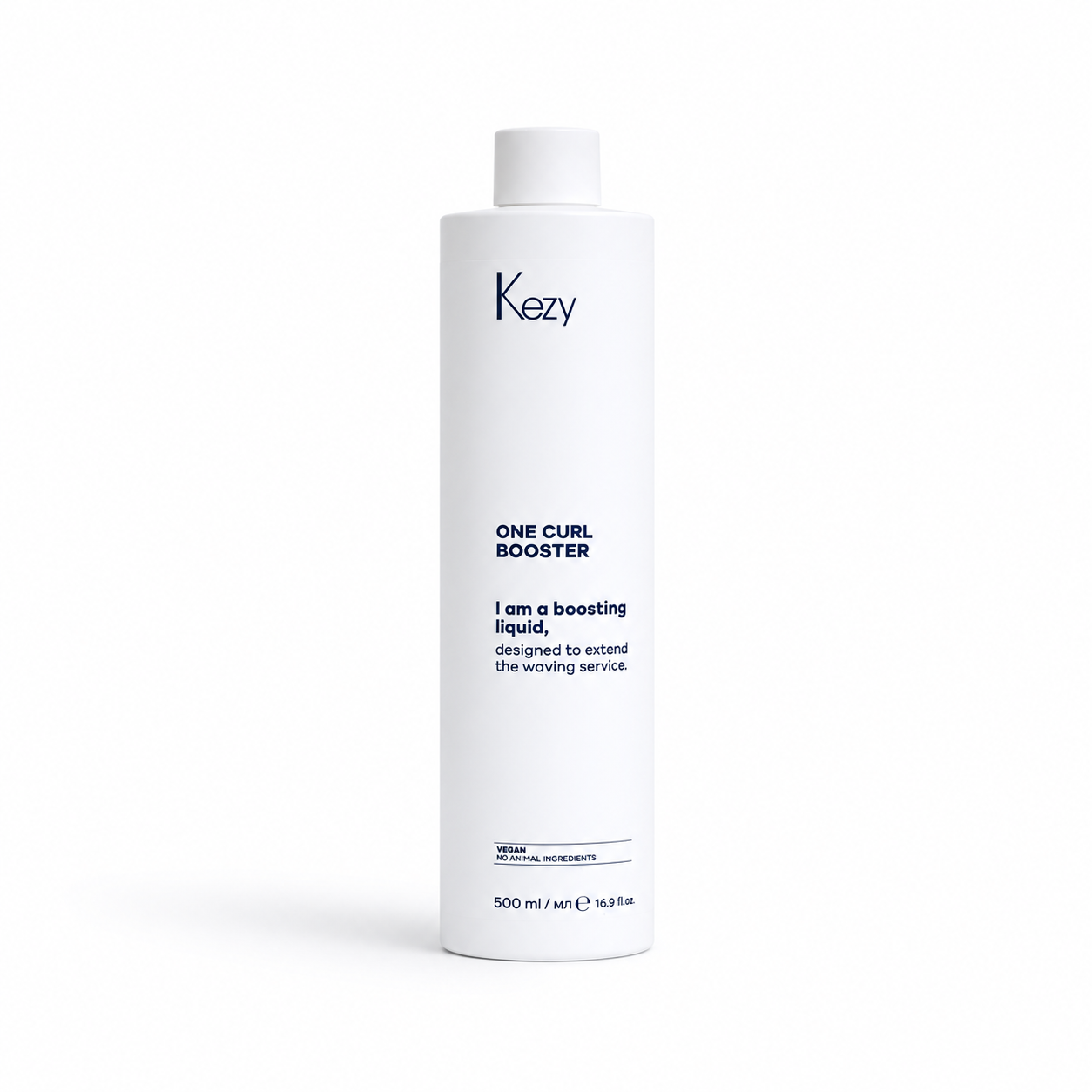 Kezy One Curl Booster 500ml curl boosting liquid for professional hair care, white bottle isolated on a white background with soft shadow, high-resolution e-commerce product photo.