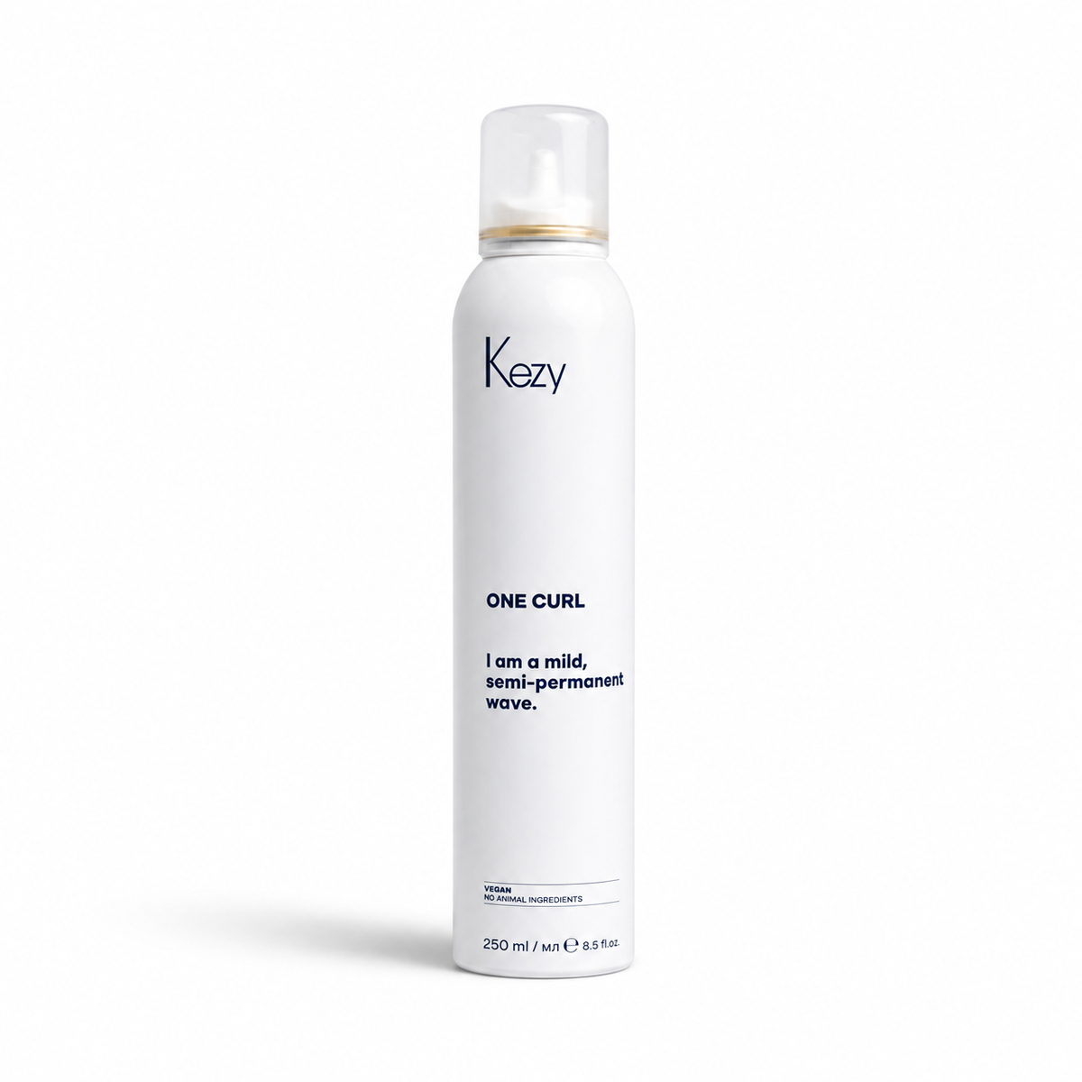 Kezy One Curl Mild Semi-Permanent Wave 250ml in a white aerosol can, isolated on a white background with a soft shadow, high-resolution e-commerce product image.
