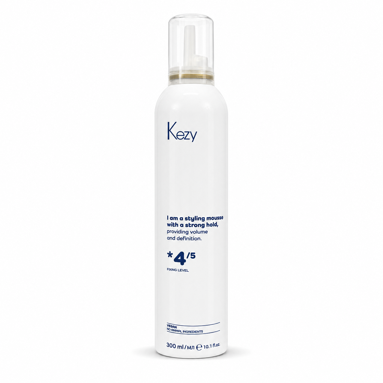 Kezy Strong Hold Styling Mousse 300ml 4/5 in a white aerosol bottle with a clear foaming pump cap, displayed on a clean white background. Professional styling mousse that adds volume, definition and long-lasting hold for all hair types.
