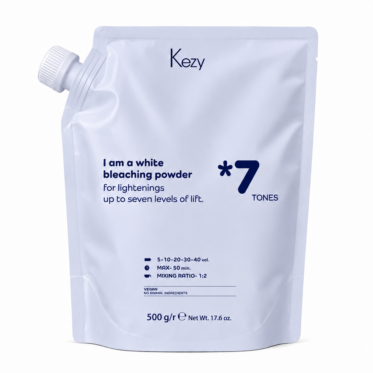 Kezy White Bleaching Powder 500g in a Blue refill pouch with a screw-cap spout, formulated to lighten hair up to seven levels of lift, presented on a soft white background.
